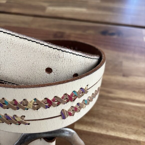 VTG Lucky Brand Leather Belt Womens L Flower Buckle Y2K Boho Southwestern Navajo - Picture 12 of 16
